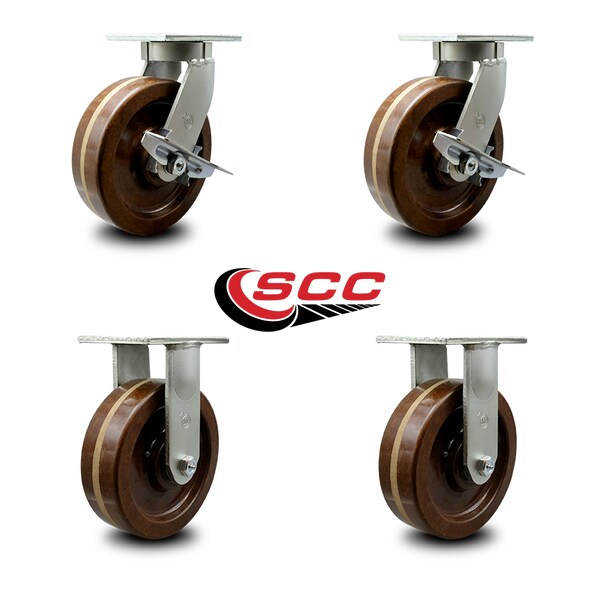 8 Inch Heavy Duty High Temp Phenolic Swivel Caster Brakes 2 Rigid SCC, 2PK